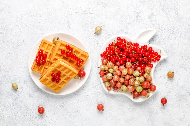 Gofres belgas cuadrados con frutas de níspero y miel.