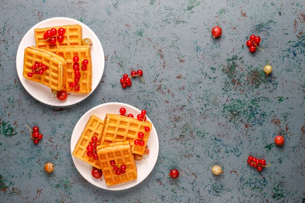 Gofres belgas cuadrados con frutas de níspero y miel.