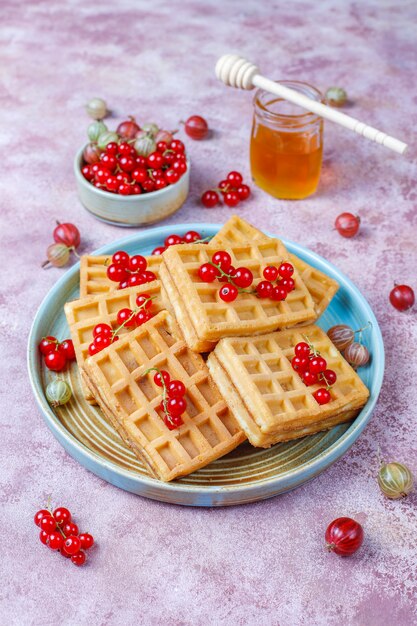 Gofres belgas cuadrados con frutas de níspero y miel.