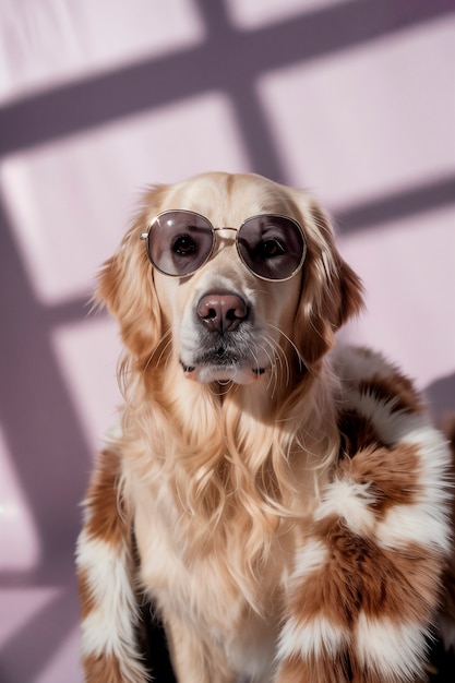 Golden retriever in sunglasses and fur coat