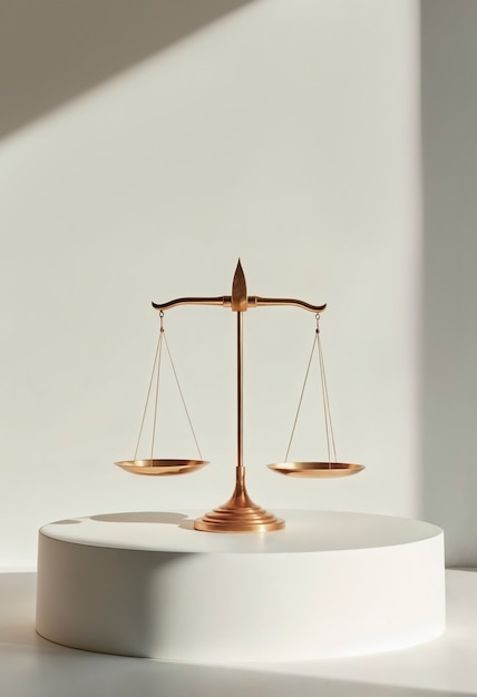 Golden scales of justice on a white podium