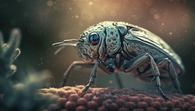 Foto gratuita gorgojo arrastrándose sobre la magnificación macro de hoja verde generada por ia