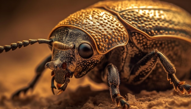 Foto gratuita gorgojo cornudo arrastrándose sobre fondo de bosque amarillo generado por ia