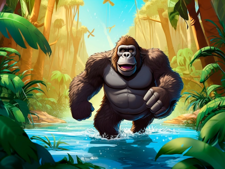 Foto gratuito gorila de dibujos animados en la jungla