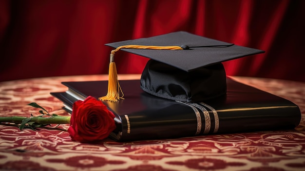 Foto gratuita la gorra de graduación descansa sobre un libro rojo con una bandera estadounidense en el fondo