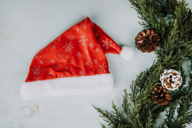 Gorro de navidad al lado de ramas de abeto