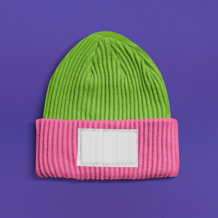 Foto gratuito gorro rosa y verde con etiqueta de tela blanca en blanco accesorios de invierno