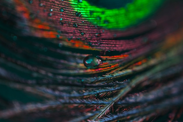 Gota de agua sobre fondo de macro de pluma de pavo real exótico abstracto