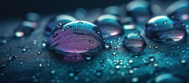 Gotas de agua o agua de lluvia sobre fondo azul turquesa púrpura suave Imagen generada por AI