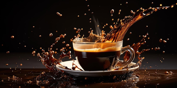 Foto gratuito las gotas de café marrón vuelan alrededor de una taza en una salpicadura caótica pero artística