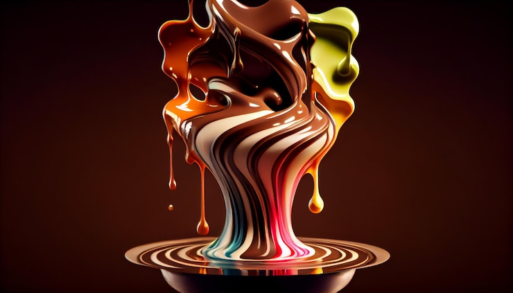 Foto gratuito gotas de chocolate líquido que fluyen sobre una superficie amarilla brillante generada por ia