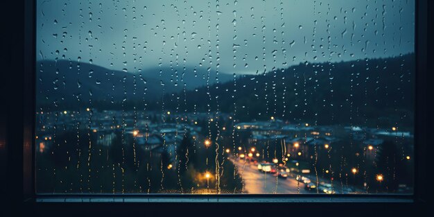 Las gotas de lluvia empañan la vista a través de una ventana en un día sombrío