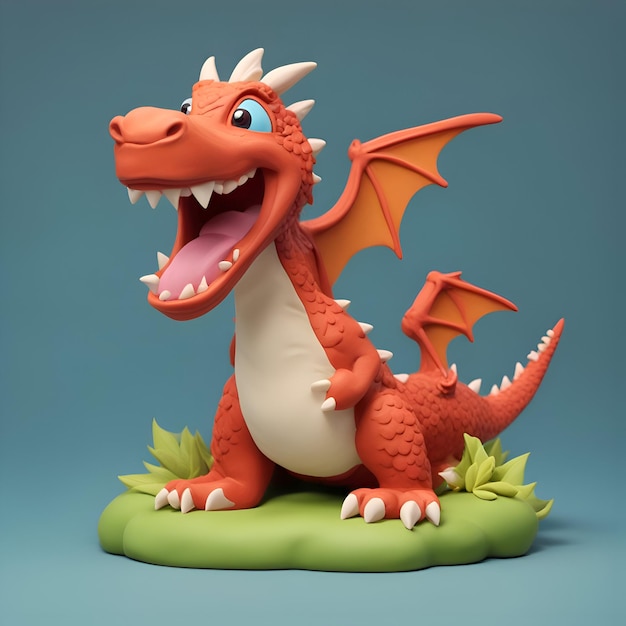 Gracioso dragón rojo aislado sobre fondo azul ilustración 3d