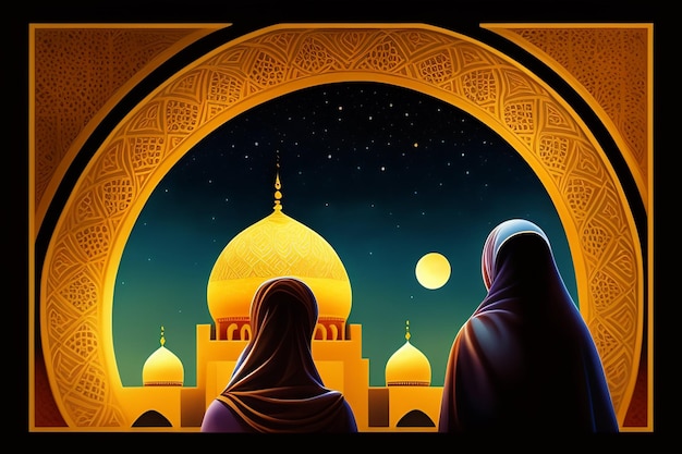 Un gráfico de dos mujeres mirando una mezquita con la luna de fondo.