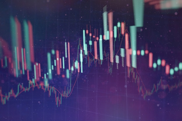 Gráfico e indicador de precio técnico, gráfico de velas rojas y verdes en la pantalla temática azul, volatilidad del mercado, tendencia al alza y a la baja. comercio de acciones, fondo de moneda criptográfica.