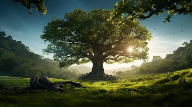 Un gran árbol en una llanura en el medio del bosque