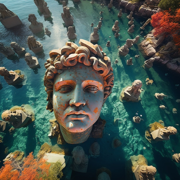 Gran busto griego sobre el agua