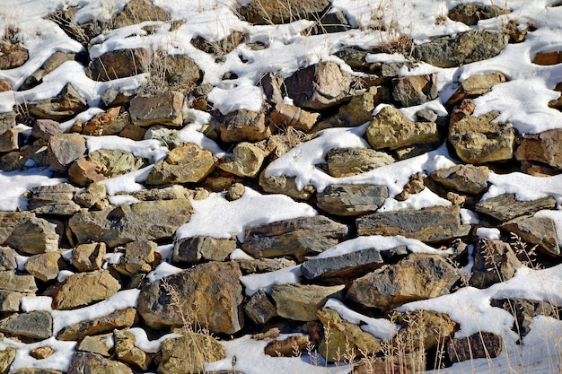 Gran cantidad de rocas de diferentes tamaños cubiertas de nieve.