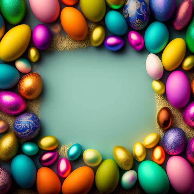 Un gran círculo de coloridos huevos de pascua está rodeado por un fondo verde.