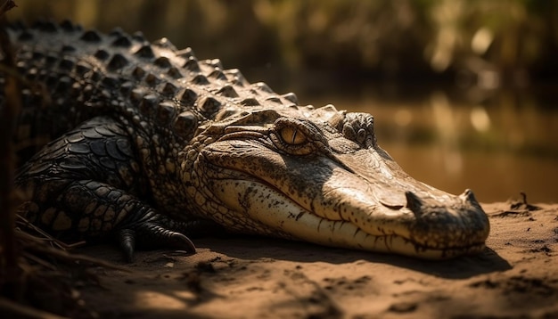 Gran cocodrilo descansando en un estanque de selva tropical generado por IA