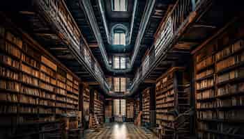Foto gratuita gran colección de libros antiguos en estantes de madera generados por ia