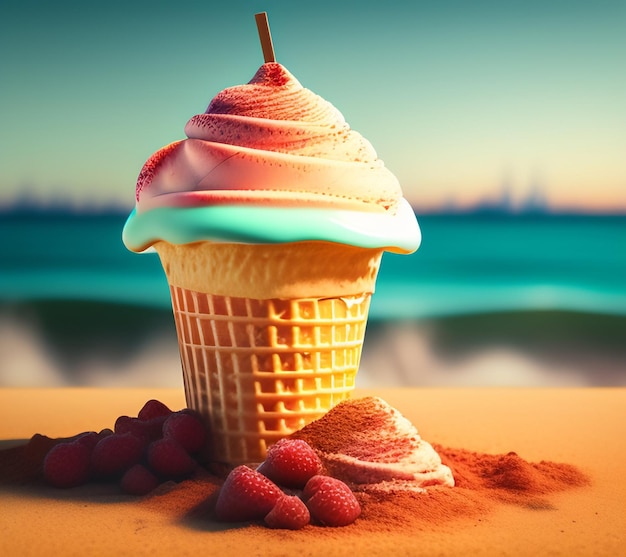 Foto gratuita un gran cono de helado con un colorido topping se asienta en una playa.