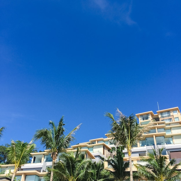 Gran hotel y palmeras en la playa de Tailandia.