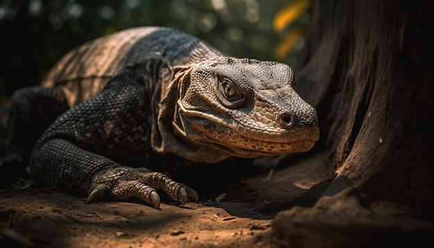 Foto gratuita gran lagarto monitor arrastrándose en la rama de un árbol generado por ia