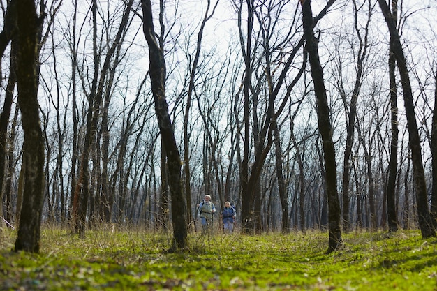 En un gran mundo de la naturaleza. Familia de ancianos pareja de hombre y mujer en traje de turista caminando en el césped cerca de árboles en un día soleado