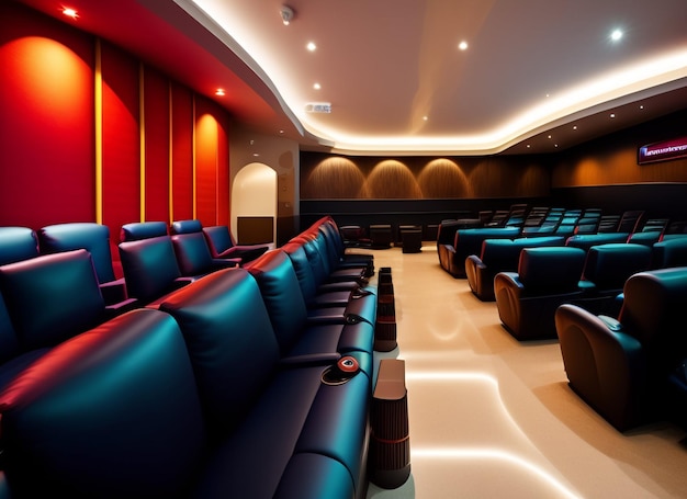 Foto gratuita una gran sala de cine con una pared roja y sillas de cuero azul.