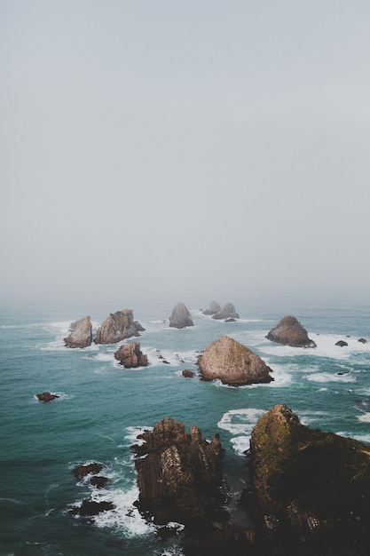 Grandes rocas en Nugget Point Ahuriri, Nueva Zelanda con un fondo de niebla