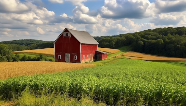 Un granero rojo se encuentra en un campo de maíz.
