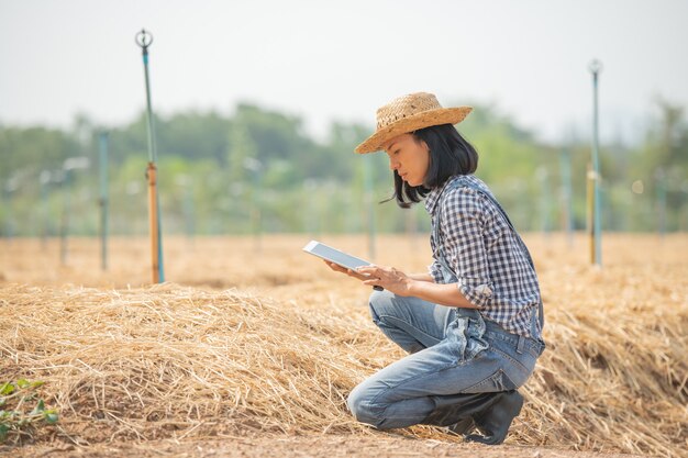 Granja inteligente. Hermoso agricultor usa tableta para controlar su granja y negocio con felicidad y sonrisa. Concepto de agricultura y negocios. El agricultor o el agrónomo examinan preparar una parcela para cultivar hortalizas.