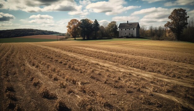 Granja rural en medio de tranquilos pastos verdes extenso horizonte generado por IA