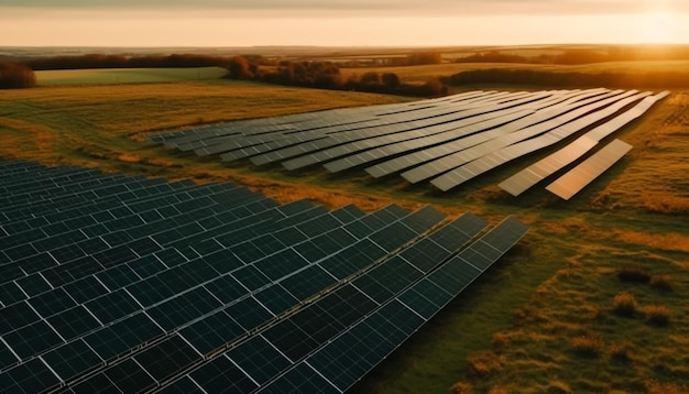 Foto gratuita una granja solar en el campo con una puesta de sol de fondo