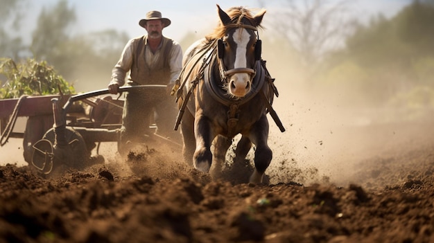 Foto gratuita un granjero arando un campo con un fondo de campo de tractor