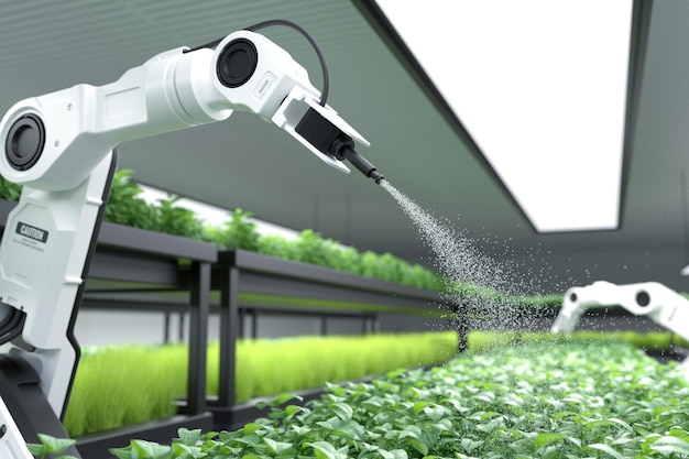 Granjero robótico inteligente rociar fertilizante en plantas verdes vegetales