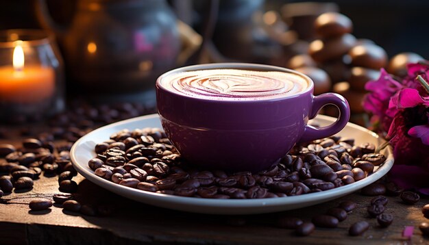 Foto gratuita grano de café fresco en una mesa de madera bebida caliente en una taza generada por inteligencia artificial
