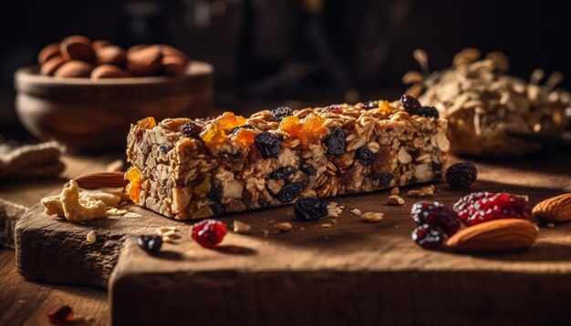 Granola orgánica con indulgencia de frutas frescas y nueces generada por IA