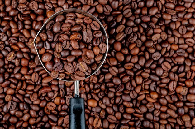 Granos de café en una cafetera o turco en vista superior de granos de café