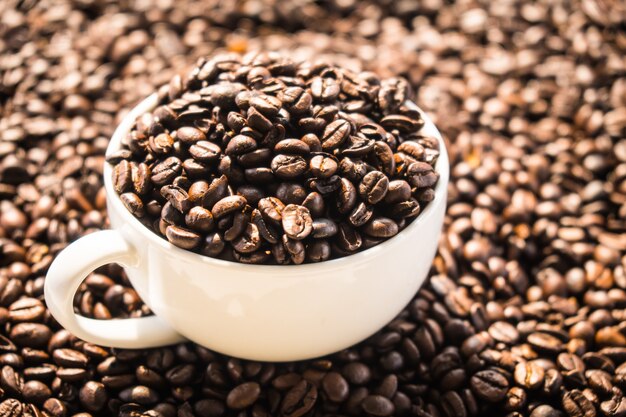 Granos de café marrón en taza blanca