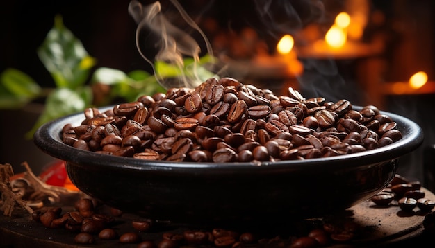 Foto gratuita granos de café oscuros en una mesa de madera vaporizando calientes generados por inteligencia artificial