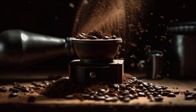Granos de café recién molidos llenan acogedora tienda generada por IA