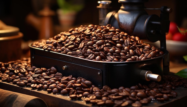 Foto gratuita granos de café recién molidos mesa rústica enfoque selectivo adicción a la cafeína generada por inteligencia artificial