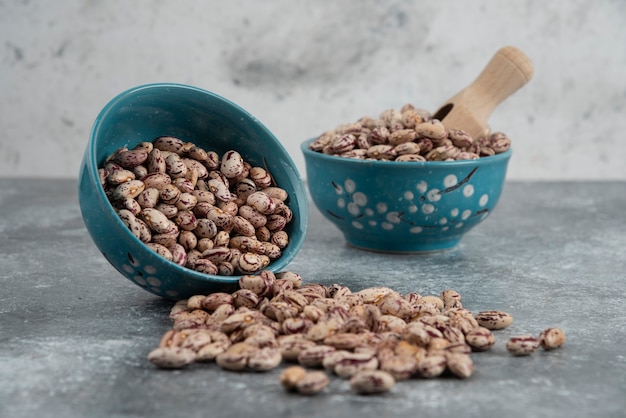 Granos de frijoles crudos exhibidos en tazones.