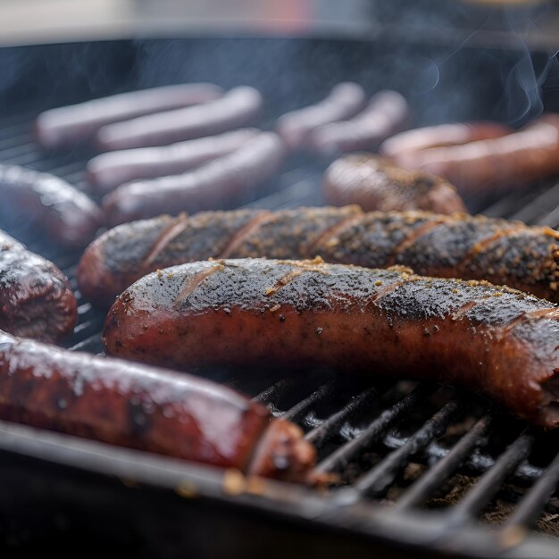 Grillando salchichas en una parrilla de barbacoa de cerca