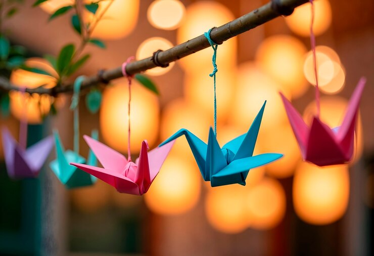 Foto gratuito grullas de origami colgando de una rama