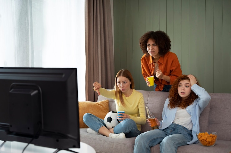 Foto gratuito grupo de amigas en casa viendo deportes juntas