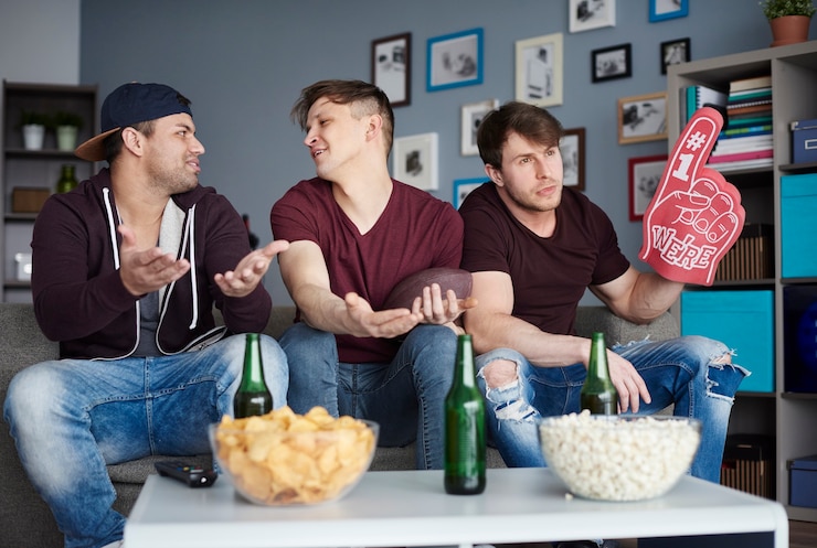 Foto gratuito grupo de amigos animando en casa