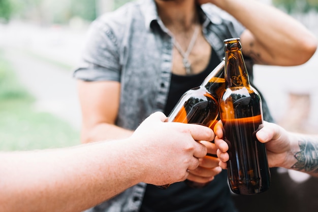 Grupo de amigos brindando botellas de cerveza al aire libre